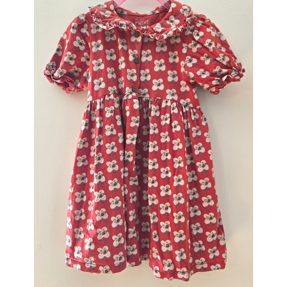 Next Girls Red Floral Cotton Dress Ruffle Collar Puff Sleeve Size 3-4 Years